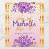 21. Geburtstag Party Rose Gold violette Blumen Weinetikett (Einzelnes Label)
