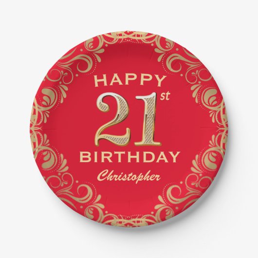 21. Geburtstag Party Rot und Gold Glitzer Rahmen Pappteller (Vorderseite)