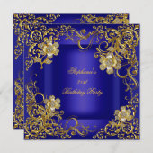21. Geburtstag Party Royal Blue Gold Blume Einladung (Vorne/Hinten)