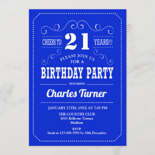 21. Geburtstag Party - Royal Blue White Einladung