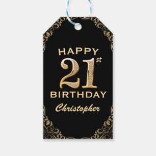 21. Geburtstag Party Schwarz und Gold Glitzer Rahm Geschenkanhänger