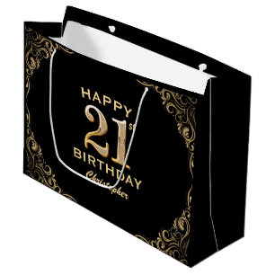 21. Geburtstag Party Schwarz und Gold Glitzer Rahm Große Geschenktüte