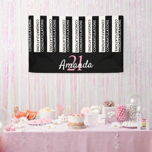 21. Geburtstag Party Schwarz-weiße Streifen pink Banner (Party)