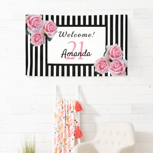 21. Geburtstag Party schwarze Streifen Blumenbezei Banner (Insitu)