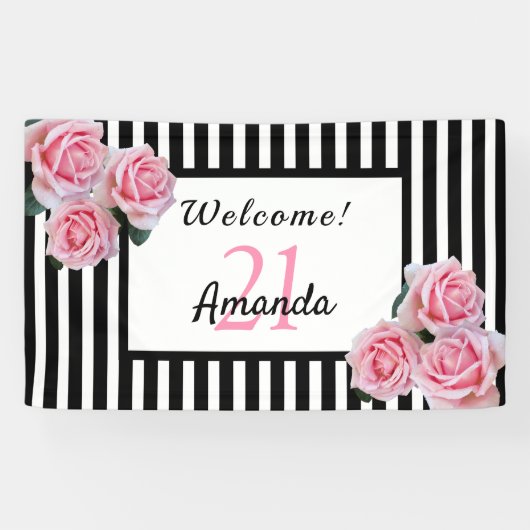 21. Geburtstag Party schwarze Streifen Blumenbezei Banner (Horizontal)