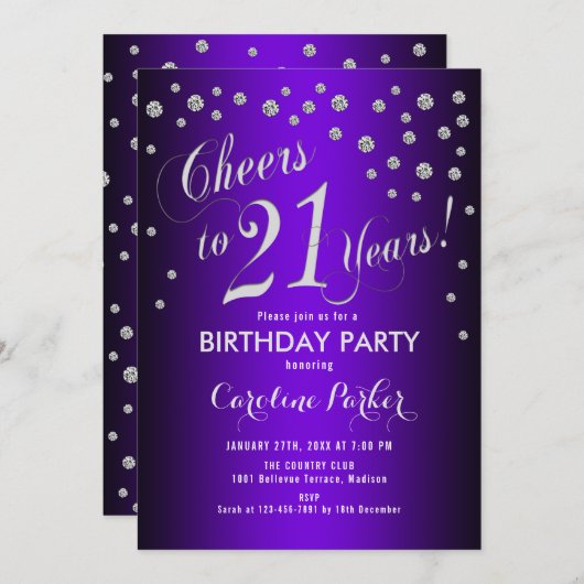 21. Geburtstag Party - Silber Lila Einladung (Vorne/Hinten)
