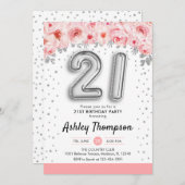 21. Geburtstag Party - Silberballons Einladung (Vorne/Hinten)