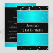 21. Geburtstag Party Türkis Sterne Schwarz & Weiß Einladung (Vorne/Hinten)