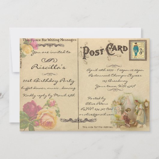 21. Geburtstag Party, Vintag, altes Postkartenstil Einladung (Vorderseite)