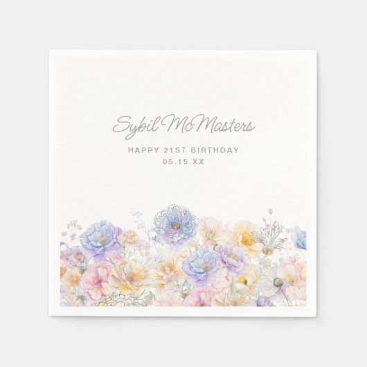 21. Geburtstag Party Wasserfarbe Blütenmassage Serviette (Vorderseite)