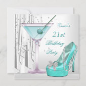 21. Geburtstag Party Weiß Aquamarin Martini Perlen Einladung (Vorderseite)