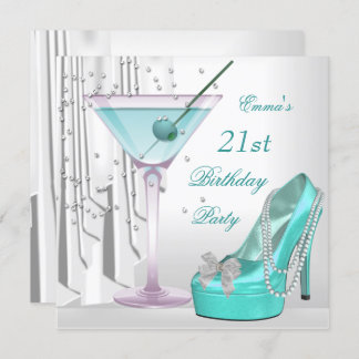 21. Geburtstag Party Weiß Aquamarin Martini Perlen Einladung