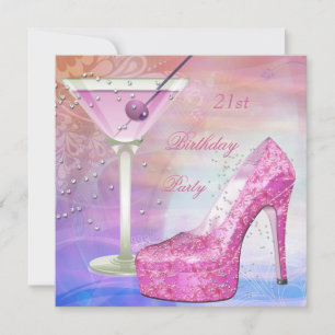21. Geburtstag Party Weiß Rosa Blau Martini Schuhe Einladung