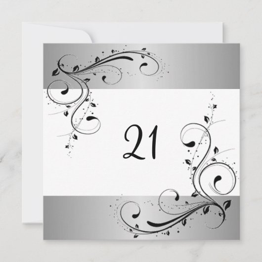 21. Geburtstag Party Weiß Silberschwarz Blüte Einladung (Vorderseite)