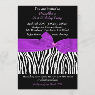21. Geburtstag Party, Zebra, schwarz, lila Einladung