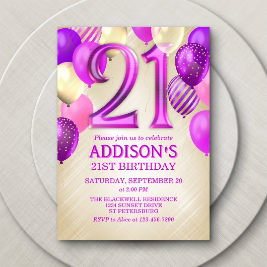 21. Geburtstag Pink Balloons Einladung