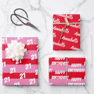 21. Geburtstag Pink Rot Name Muster Geschenkpapier Set