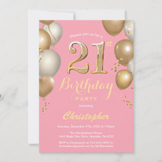 21. Geburtstag Pink und Gold Balloons Confetti Einladung