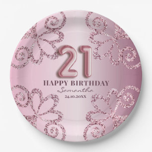 21. Geburtstag Pinke Prinzessin Glitter-Ballon-Sch Pappteller