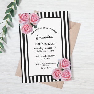 21. Geburtstag pinkfarbene Florale auf Schwarz-wei Einladung
