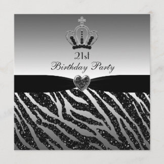 21. Geburtstag Prinzessin-Crown Zebra Glitter Einladung