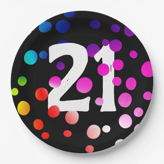 21. Geburtstag Rainbow Dots auf Black Pappteller (Vorderseite)