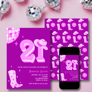 21. Geburtstag Retro Disco Cowgirl Rodeo Hot Pink Einladung