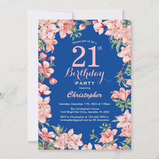 21. Geburtstag Rosa Blume Blau Einladung (Vorderseite)