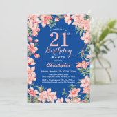 21. Geburtstag Rosa Blume Blau Einladung (Stehend Vorderseite)