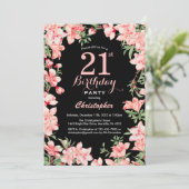 21. Geburtstag Rosa Blume Schwarzer Hintergrund Einladung (Stehend Vorderseite)