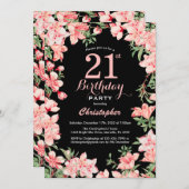 21. Geburtstag Rosa Blume Schwarzer Hintergrund Einladung (Vorne/Hinten)