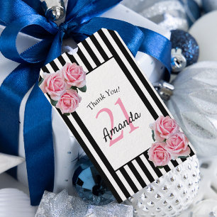 21. Geburtstag Rosa Florale Schwarz-weiße Streifen Geschenkanhänger