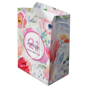 21. Geburtstag rosa Floralfarben Pastellname Mittlere Geschenktüte