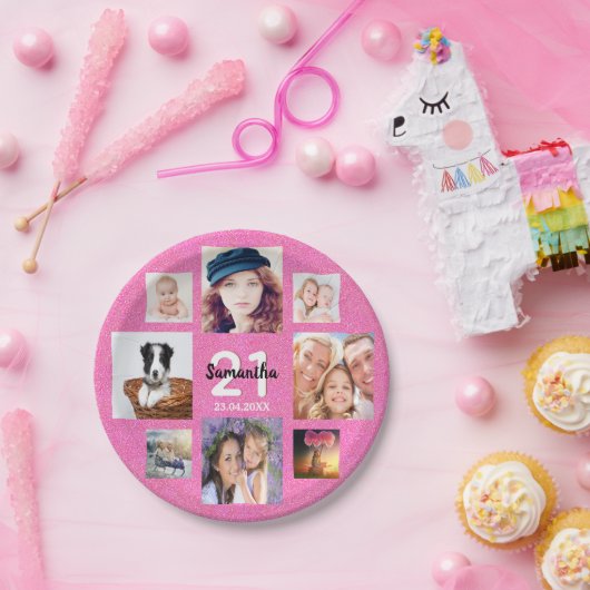 21. Geburtstag rosa Foto Collage Glitzer Pappteller (Party)