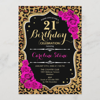 21. Geburtstag - Rosa Rosen Leopard Print Einladung