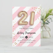 21. Geburtstag - Rosa Streifen Gold Balloons Einladung (Stehend Vorderseite)