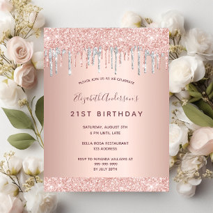 21. Geburtstag Rose Glitzer Rosa Silber Einladung Postkarte
