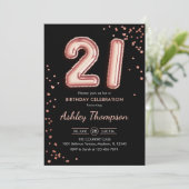 21. Geburtstag - Rose Gold Balloons Black Einladung (Stehend Vorderseite)
