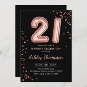 21. Geburtstag - Rose Gold Balloons Black Einladung (Vorne/Hinten)