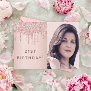 21. Geburtstag Rose Gold Glitzer Custom Foto Glasu Einladung