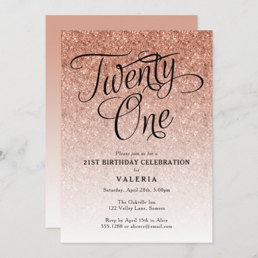 21. Geburtstag Rose Gold Glitzer Einladung (Vorne/Hinten)
