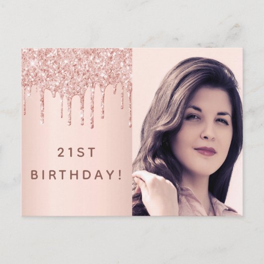 21. Geburtstag Rose Gold Glitzer Foto Einladung Postkarte (Vorderseite)