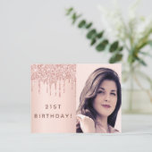 21. Geburtstag Rose Gold Glitzer Foto Einladung Postkarte (Stehend Vorderseite)