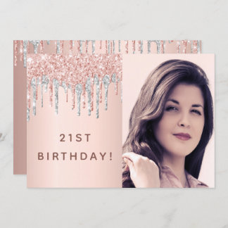 21. Geburtstag Rose Gold Glitzer Foto Rosa Silber Einladung