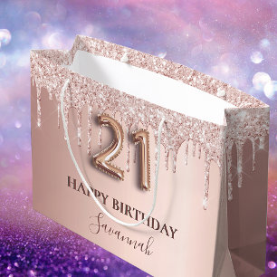 21. Geburtstag Rose Gold Glitzer Rosa Ballon Stil Große Geschenktüte