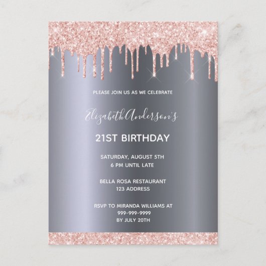 21. Geburtstag Rose Gold Glitzer Tropfen Einladung Postkarte (Vorderseite)