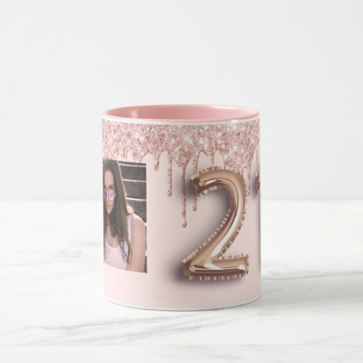 21. Geburtstag Rose Gold Glitzer Tropfen Foto Tasse (Zentrum)