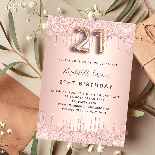 21. Geburtstag Rose Gold Glitzer Tropfen Luxus Einladung