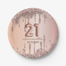 21. Geburtstag Rose Gold Glitzer Tropfen Pappteller