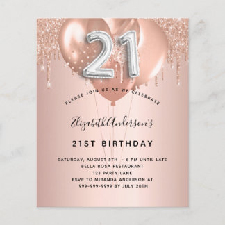 21. Geburtstag Rose Gold Silberballons Einladung